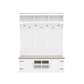 71''H Farmhouse Hall Tree with Bench and Shoe Storage, 5-in-1 Modern Entryway Storage Organizer Cabinet with Coat Rack,4 Shoe Cubbies & 7 Hooks for Hallway, Entryway, Living Room