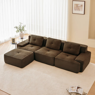 117' Modern L-Shaped Modular Sectional Sofa for Living Room, Corduroy Fabric,3-Seater Couch with Deep Seat and Movable Ottoman,Pearl-like piping, Tufted Design,No Assembly, Anti-slip Design, Brown