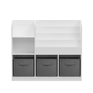 Kids Bookcase and Bookshelf with 3 Collapsible Fabric Drawers, Multifunctional Display Stand for Bedroom, Playroom, Hallway in White/Gray, MDF and Fabric