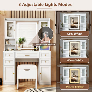 41.4" White Makeup Vanity Desk with Mirror & Lights | Dressing Table with Storage Stool & Charging Station