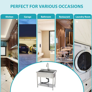 Stainless Steel Freestanding Utility Sink with Pull-Out Faucet, Large Single Bowl, Brushed Nickel, 21'D x 36'W x 35.5'H