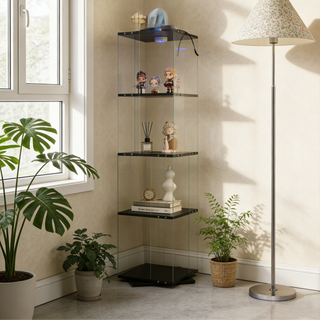 Rotatable four-layer tempered glass display cabinet,liquor cabinet,file cabinet,storage cabinet,with remote control paipai lamp,adjustable feet,be placed in the living room,kitchen,corridor,black