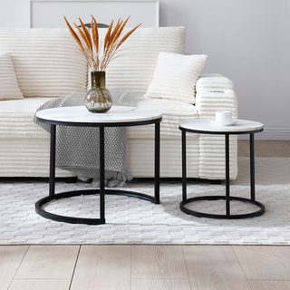 Set of 2 Nesting Coffee Tables | Circular Round White & Gray Faux Marble Pattern Top | Black Frame Modern Industrial Wooden Accent Tables | Living Room, Bedroom, Apartment Nightstand