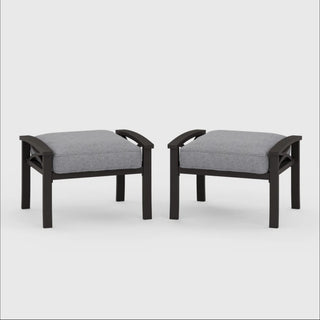 Set of 2 Modern All-Weather Metal Ottomans, Khaki Frame with Gray Cushions, 26' W x 22' D x 19' H