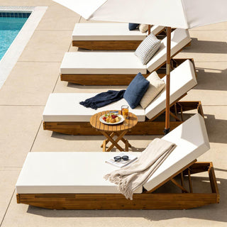 Acacia Wood Chaise Lounge with Cushion | Teak Finish Outdoor Recliner with Cream Water-Repellent Cushion | 79.6” L x 29” W, 300 lb Capacity