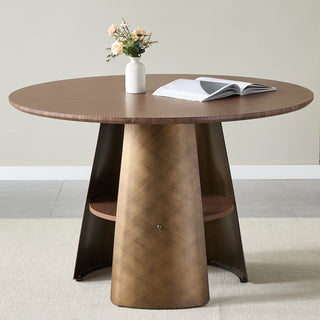 47.25-Inch Round Dining Table – Retro Style Walnut MDF Tabletop with Brushed Texture &amp; Bronze Metal Frame (Seats 4–6)