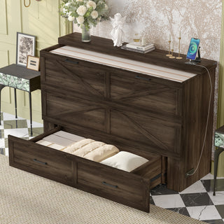 Rustic Gray Queen Murphy Cabinet Bed - Farmhouse Guest Bed with Charging Station