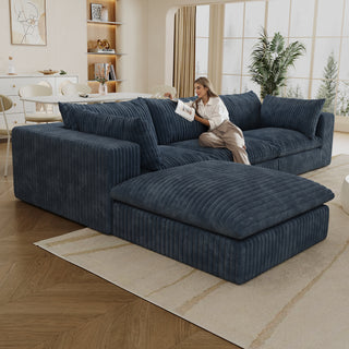 Blue 118.2" Corduroy Cloud Sofa - Deep Seat Double-Layer Modular Couch