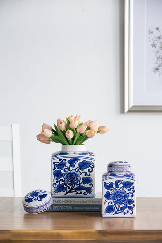 Hand painted blue and white ceramic square canister, view 11