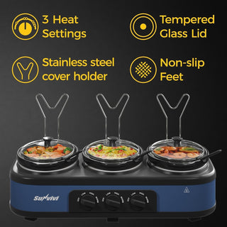 Blue triple slow cooker buffet food warmer, view 3