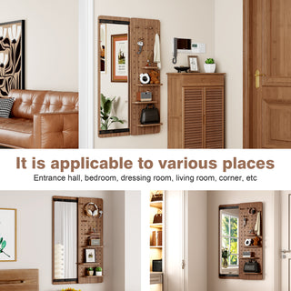 Wall Mounted Full Length Mirror with Shelf & Hook, Walnut, 47.6x15.7in