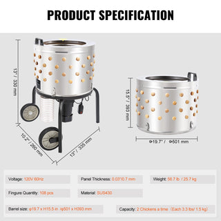 20" Automatic Chicken Plucker Machine | 500W Feather Plucker with Stainless Steel Drum