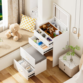 23.6'' Flip Top Makeup Vanity Desk - Lighted Mirror, Storage Stool, Power Outlet