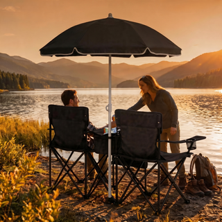 Portable Folding Picnic Chair Set with Umbrella, 2-Person Outdoor Camping Chairs Cup Holders, Foldable Beach Chair Set for Patio, Camping, Backyard, Black