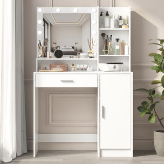 Modern White Vanity Desk with Mirror &amp; Lights - 3-Level Storage Dressing Table with Large Drawer &amp; Adjustable Brightness