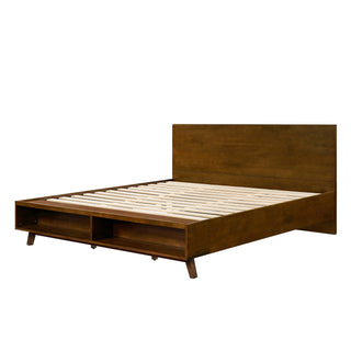 King platform bed frame in walnut with footboard storage