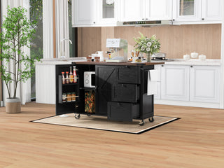 K&K 54.5" Farmhouse Kitchen Island with Power Outlet, Internal Storage Rack, Drop Leaf, Spice Rack, Rolling Cart on Wheels, for Kitchen, Dining Room, Black