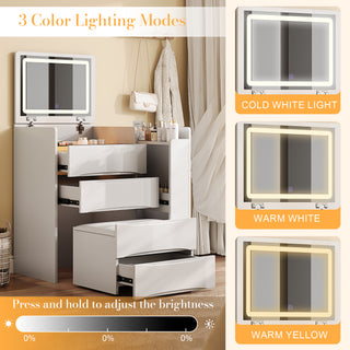 3-in-1 Flip Mirror Vanity Desk with LED Lights, White