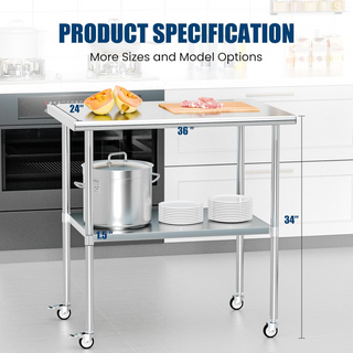 Stainless Steel Work Table 24x36 Inches with Wheels | Commercial Metal Prep Table with Adjustable Undershelf