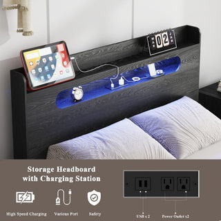 Queen Size Wood Platform Bed - LED Headboard, USB, Storage,