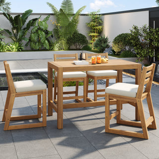 TREXM Rustic Patio Bar Set with Ergonomic Chairs, Solid Wood Slatted Tabletop in Light Teak with Beige Cushion for Poolside, Balcony, Backyard, Porch