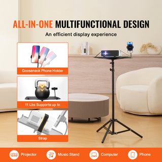 Projector Stand Tripod | Adjustable Height 26.97–63 in | Portable Projector & Laptop Stand with Tray & Gooseneck Phone Holder | Outdoor Movies, Home, Office, Stage & Studio