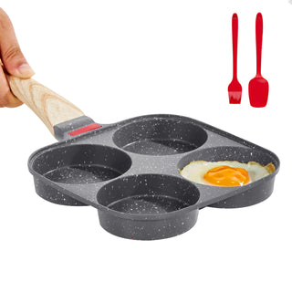 Egg Pan, 4-Cup Nonstick Egg Frying Pan, Aluminum Breakfast Omelette Skillet for Pancakes, Hamburgers, Sandwiches, with Lid, Oil Brush, Scraper, Compatible with Gas Stove & Induction Cookware