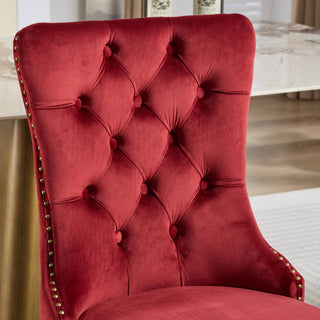 Mid-Century Modern Dining Chairs Set of 2 – High-End Tufted Velvet Upholstered Chairs with Lion Head Pull Ring, Golden Wooden Legs &amp; Nailhead Trim, Contemporary Luxury Side Chairs - Wine Red SW1201WR