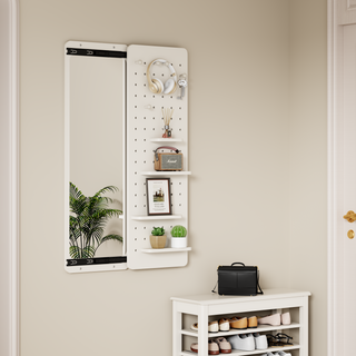 Wall-Mounted Full Length Mirror with Push-Pull Storage Panel, White