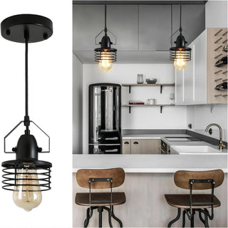  Industrial Black Metal Cage Pendant Light - 1-Light Farmhouse