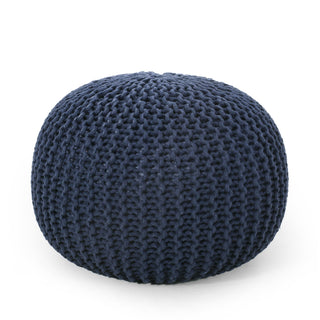 Bordeaux Knitted Cotton Round Pouf Ottoman and Floor Cushion, Navy Blue