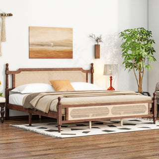 King Pine Platform Bed with Rattan Headboard | Modern Wooden Bed Frame in Walnut