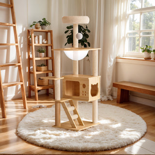 48.8' Modern Cat Tower, Wood Cat Tree Tower for Indoor Cats, Cat Treewith Sisal-Covered Scratching Posts and Top Perch, Cat Condo with Acrylic Hammock for Small Large Cats
