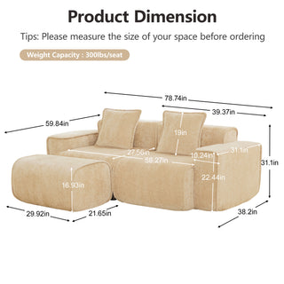 Modular L-Shape Sectional Boneless Sofa with Ottoman, Light Camel