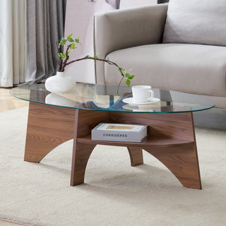 Oval Tempered Glass Coffee Table – 41.3” x 23.6” Walnut Wood Finish, Multi-Functional Table with Diagonal Fan-Shaped Tray Design