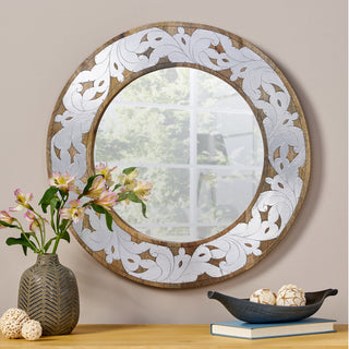 Mango Wood & Aluminium Fitted Round Mirror – Stylish Wall Mirror for Home Decor