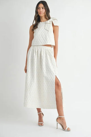 MABLE Taffeta Polka Dot Shoulder Ribbon Top and Skirt Set