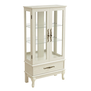 Curio Cabinet Lighted Glass Cabinet Glass Wine Cabinet Curio Display Cabinet with Adjustable Glass Shelves 2 Doors and 1 drawer Cabinet Sideboard With Bulb Included Antique White