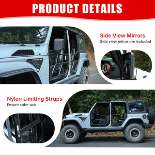 Tube Doors with Side View Mirror for 2018-2024 Jeep Wrangler JL JLU & Gladiator JT 4-Doors (Includes 4XE) 4-piece set Off Road Summer Trail Adventure