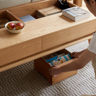 100% Solid Oak Coffee Table with Storage - 100cm Elevated Natural Wood Center Table