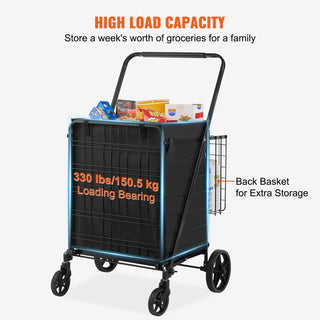 Folding Shopping Cart with Removable Waterproof Liner, 330LBS Jumbo Grocery Cart with Dual Basket, 360° Swivel Wheels, Heavy Duty Utility Cart