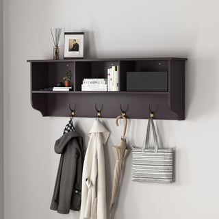 Espresso Entryway Wall Mounted Coat Rack with 4 Dual Hooks Living Room Wooden Storage Shelf