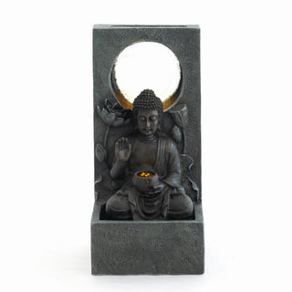 Zen-Style 28' Outdoor Buddha Waterfall Fountain in Black Resin, Freestanding Garden Decor with LED Lighting for Patio, Deck, Backyard & Home