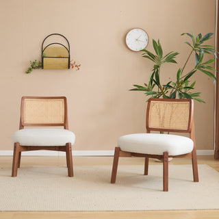 [Set of 2] Modern Beige Lounge Chairs – Woven Backrest, Wooden Frame Accent Chairs for Living Room, Bedroom, or Office