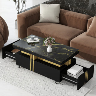 Black Faux Marble Contemporary Coffee Table with Gold Accents &amp; Caster Wheels