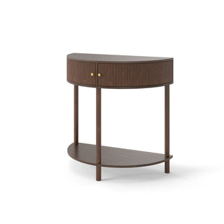 Artisan-Crafted Wave-Pattern Demi-Lune Console Table with Brown Woodgrain, Unique Half Moon Design End Table with 2 Storage Drawers and Bottom Shelf for Living room, Bedroom, Study, Hallway