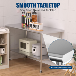30x60 Inch Stainless Steel Table with Wheels | Commercial Metal Prep Table with Adjustable Undershelf