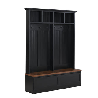 ON-TREND Farmhouse  4-in-1 Hall Tree with Wood Grain Bench, Mudroom Versatile Coat Rack with 2 Large Drawers, Large Entrance Organizer with 6 Black Hooks for Hallway, Living Room, Black, 55.9"Wx75.6"H