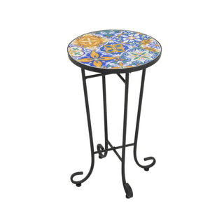 Vibrant French Country Patio Side Table with Colorful Ceramic Tile and Black Iron Frame
