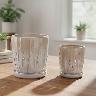 Handmade Ceramic Planter Set (2 Pcs) | 8" & 6" Diameter | Breathable Beige Clay Pots w/ Oval Drainage Holes | Vertical Stripe Design for Indoor/Outdoor Herbs, Orchids, & Succulents